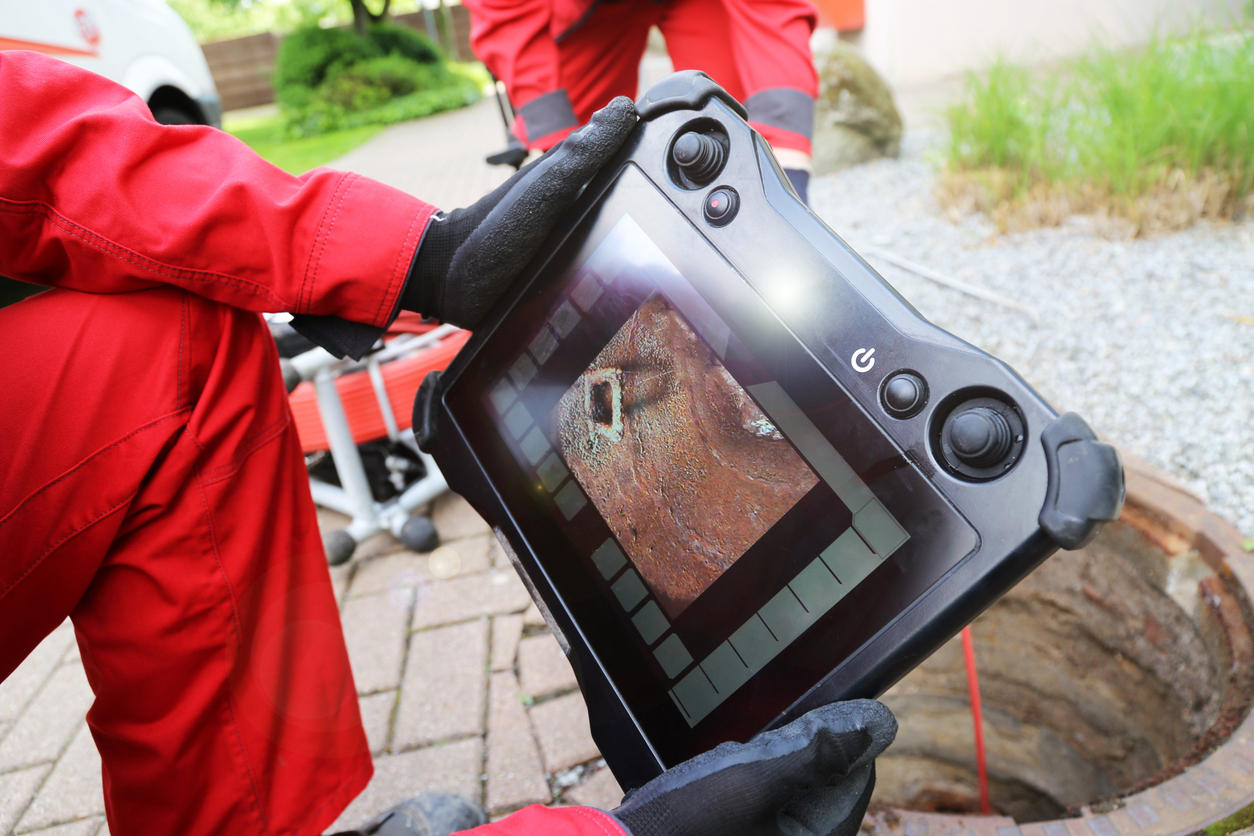 Sewer line camera inspection equipment used to check for tree root intrusion in a Redding yard.